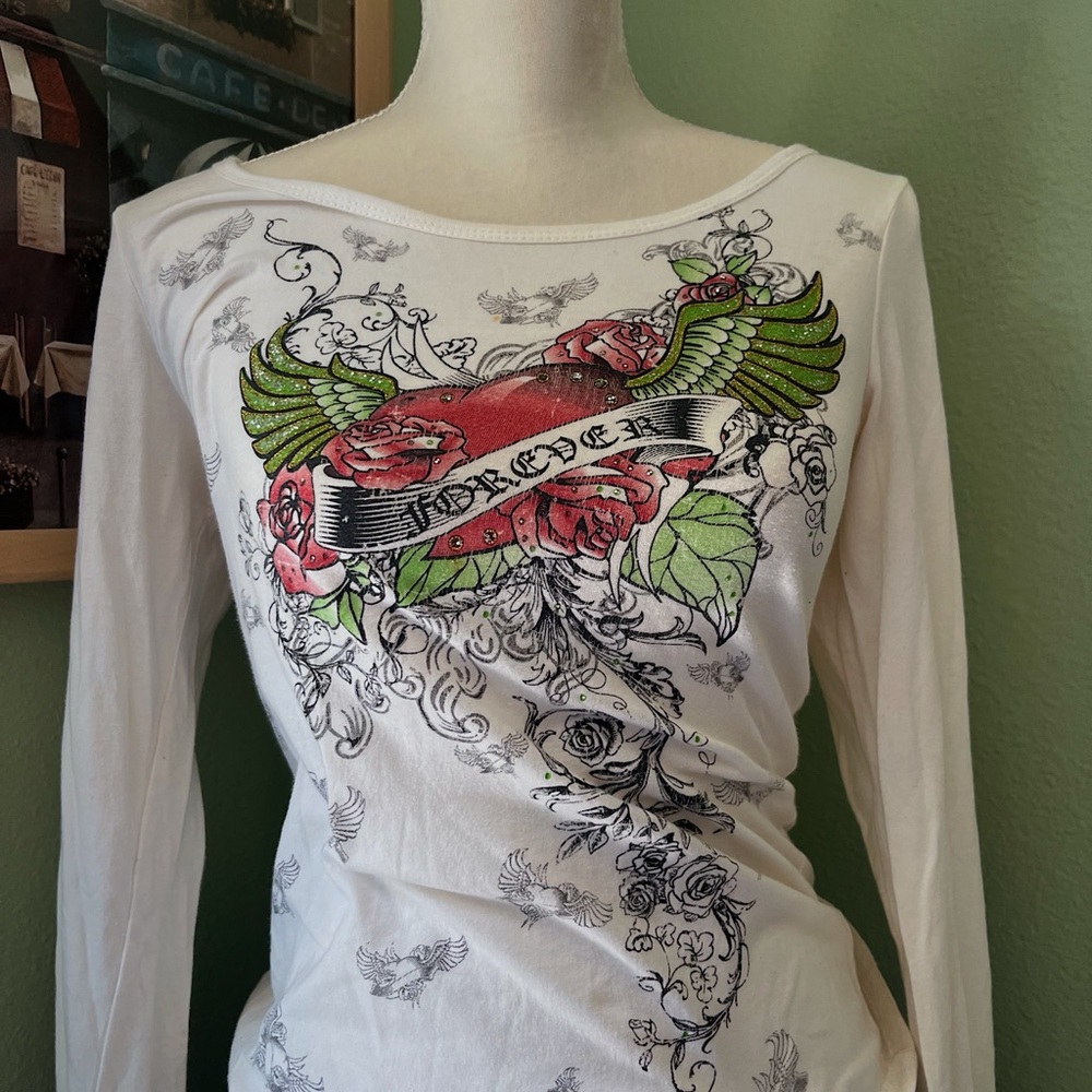 Vintage Ed Hardy White Red Graphic Long Sleeve Tee